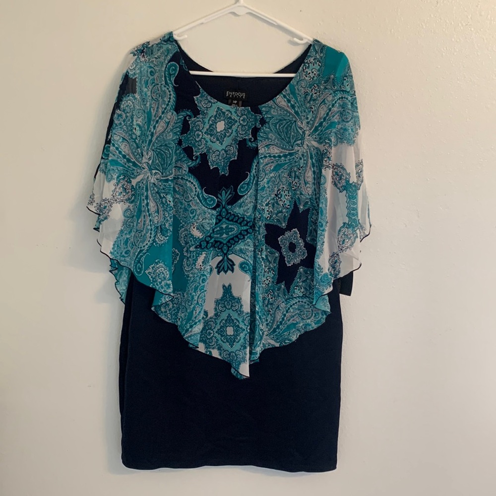 Enfocus Petite Studio Blue Sleeveless Paisley Dress Shear Shawl Size 14P